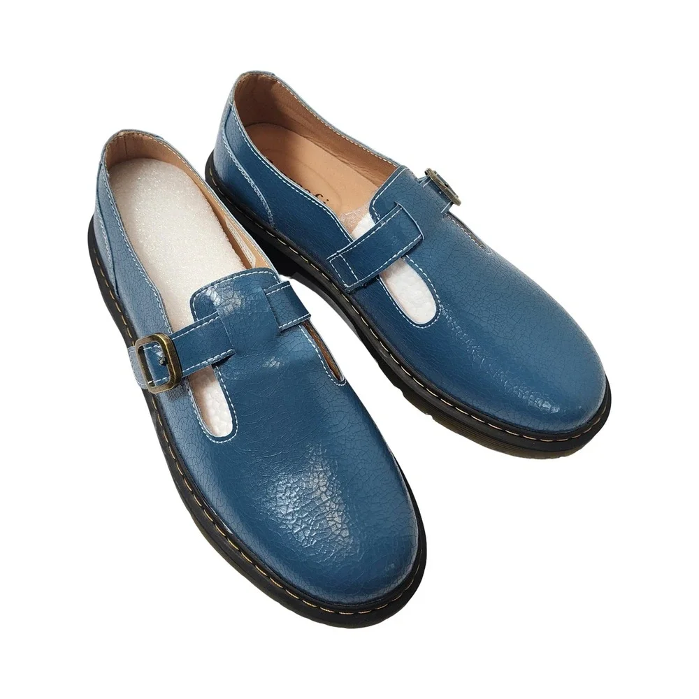 Svprsofi Blue Crackle Patent Mary Jane T-Strap Lug Sole Shoes 1105 Mens 10.5 US